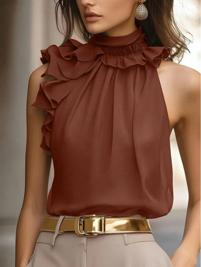 Niche Neck hanging Sleeveless Tank Top Shirt Brown - Shop at LoveMi
