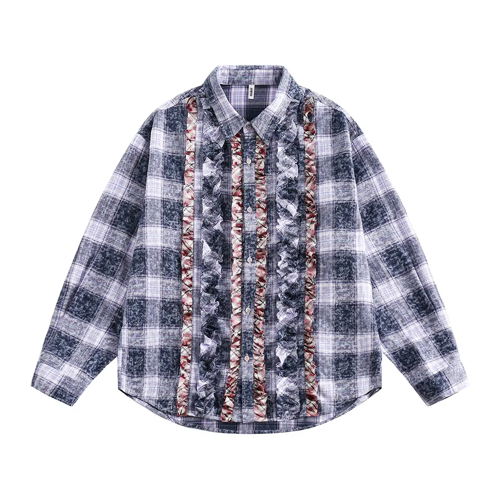 Fashion Loose Design Placket Lace Pleated Lapel Shirt - Purple