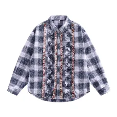 Fashion Loose Design Placket Lace Pleated Lapel Shirt - Purple - View 1