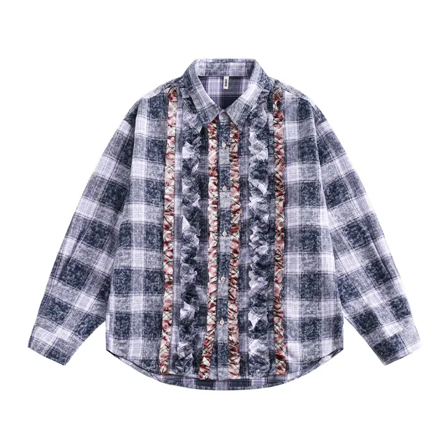 Fashion Loose Design Placket Lace Pleated Lapel Shirt Purple - Shop at LoveMi