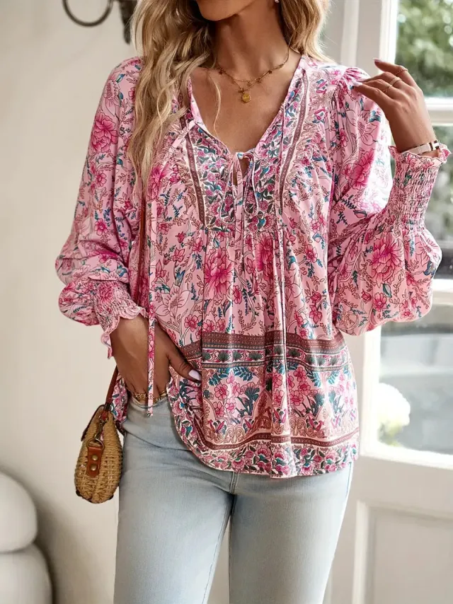 Bohemian Vacation Style Printed V neck Lace up Long Sleeve Top Color 5 M - Shop at LoveMi