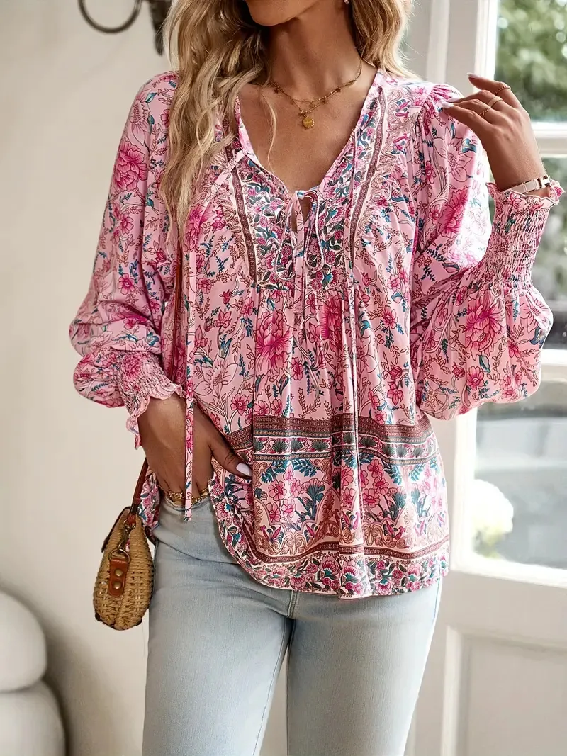 Bohemian Vacation Style Printed V-neck Lace-up Long Sleeve Top - Color 5-M