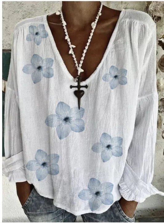 Solid Color And V neck Long sleeved Exquisite Linen T shirt Shirt Nt25Tfljppx102 - Shop at LoveMi