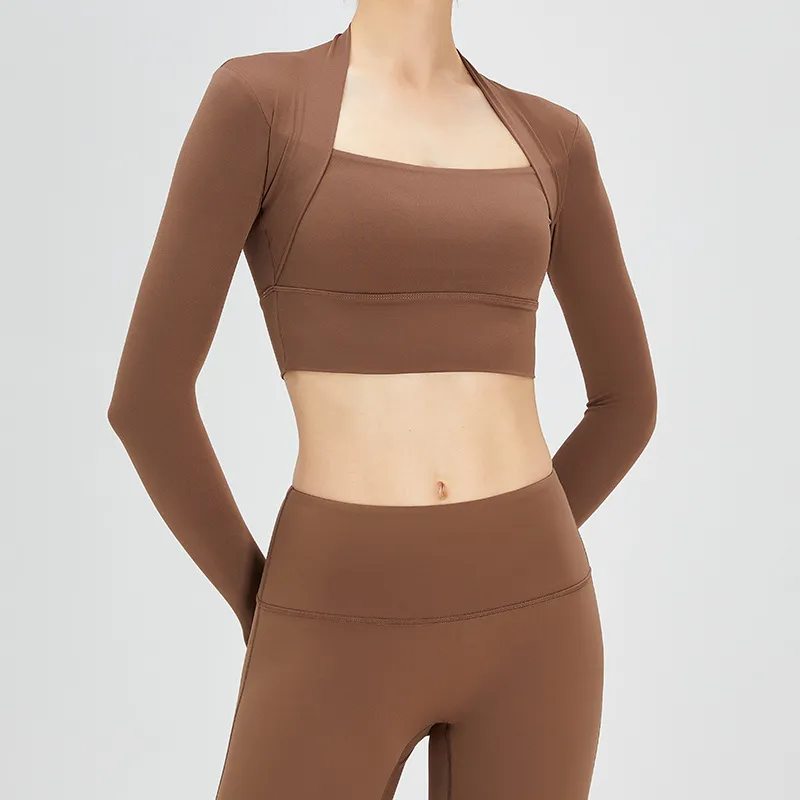 Yoga Clothes Long-sleeved Women's Lulu Sports Top Running Fitness Clothes - Coffee