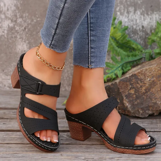 Square heeled Peep toe Slides Shoes Summer Casual Chunky Heel Sandals Solid Color Slippers Black - Shop at LoveMi