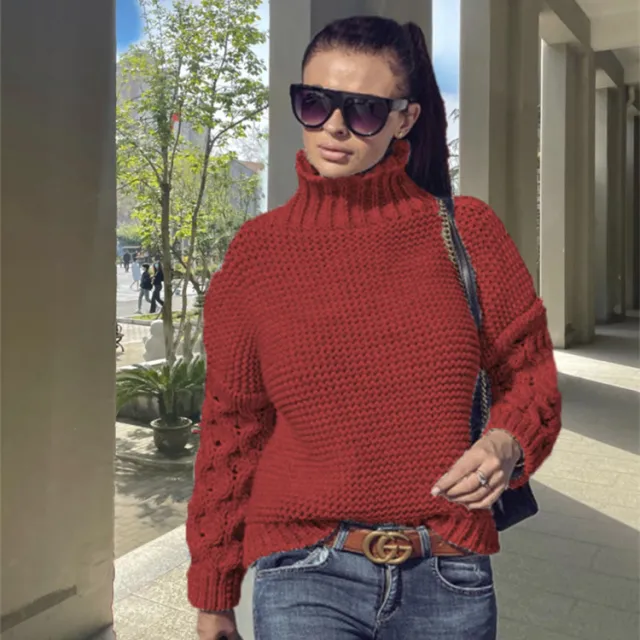 Loose Cable knit Solid Color Turtleneck Sweater For Women Red - Shop at LoveMi