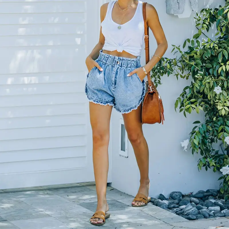 Denim Shorts Chic Commuter Raw-Hem Shorts Washed High-Waist Fashionable Stretch Frayed-Edge Jeans