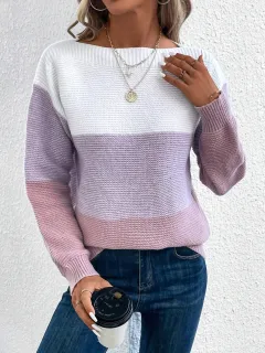 Pullover Knitted Sweater Fashion Round Neck Splicing Knitwear Loose Top Women's Clothing - Purple - View 1