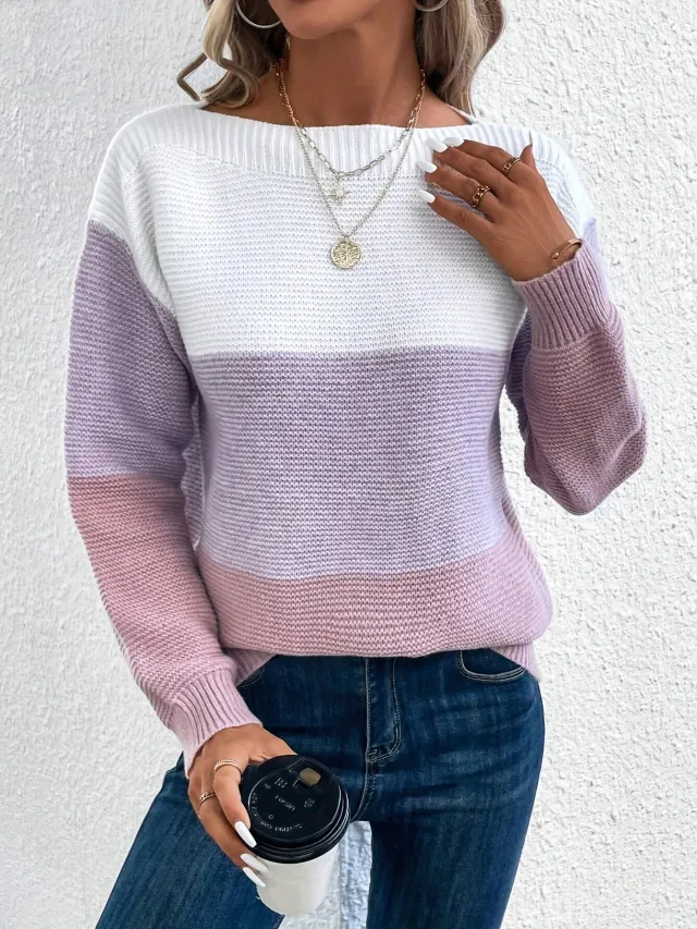 Pullover Knitted Sweater Fashion Round Neck Splicing Knitwear Loose Top Women's Clothing Purple - Shop at LoveMi