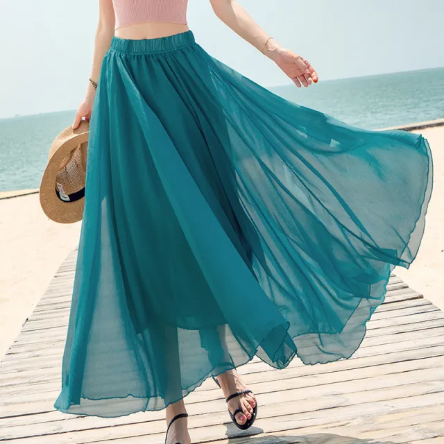 Chiffon Skirt Large Swing Skirt Vacation Beach Dress Fairy Dress Sparrow Green - Shop at LoveMi