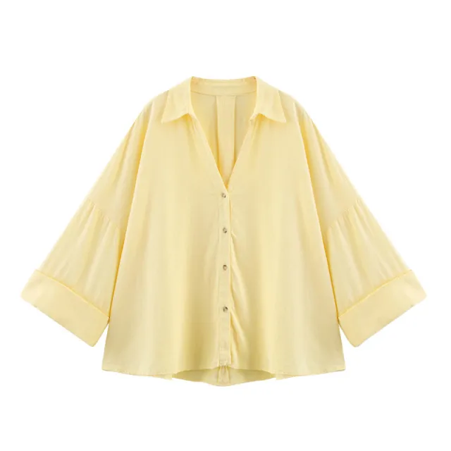 Casual All matching Lapel Striped Wide Sleeve Shirt Yellow - Shop at LoveMi