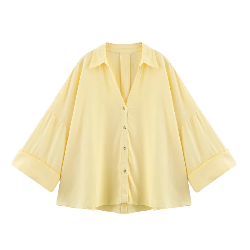 Casual All-matching Lapel Striped Wide Sleeve Shirt - Yellow