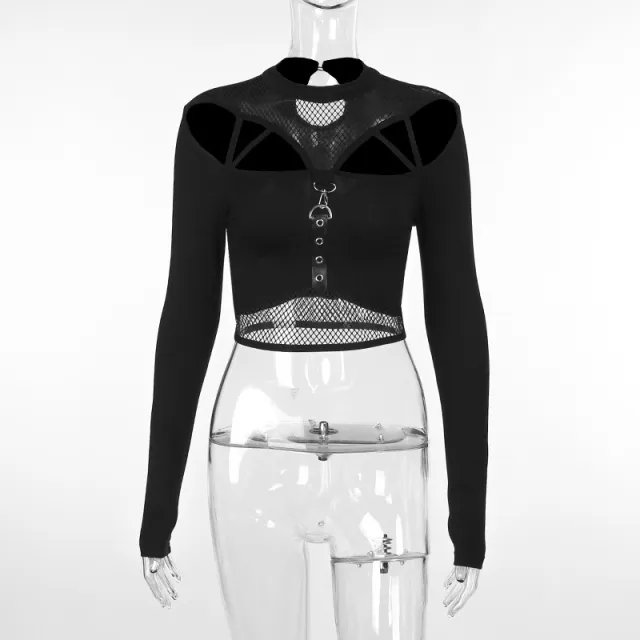 Dark Casual Temperament Wild Slim fit Mesh Long sleeved Top For Women Black - Shop at LoveMi