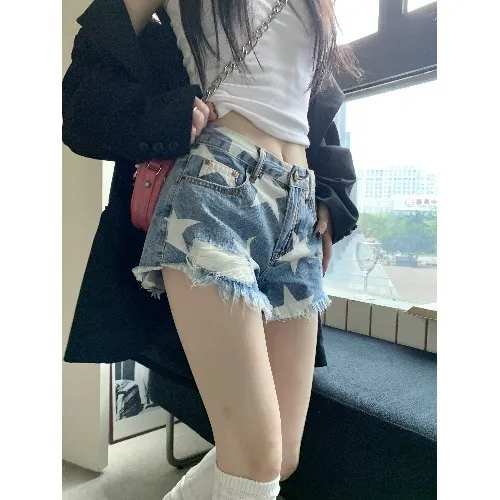 Women's Summer Star Vintage Print Raw Edge Denim Shorts - Blue