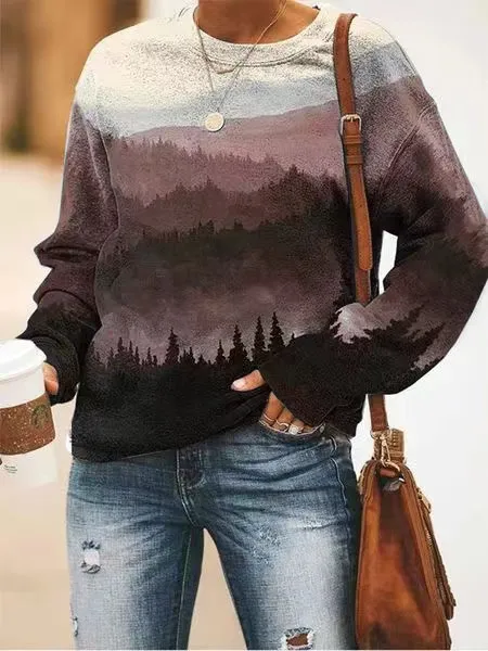 Women's Landscape Floral Print Long Sleeve Pullover Printing 2 - Shop at LoveMi
