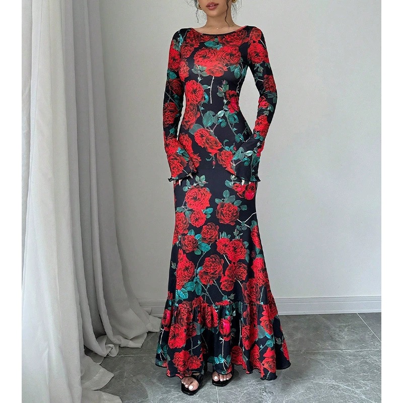 Elegant And Slim fitting Round Neck Rose Floral Flared Sleeve Bodycon Dress Black And Red - Shop at LoveMi