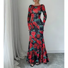 Elegant And Slim-fitting Round Neck Rose Floral Flared Sleeve Bodycon Dress - Black And Red - View 1