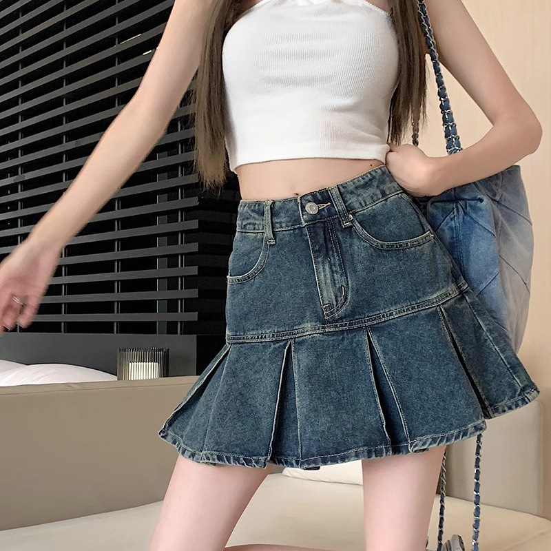 Womens Versatile High-Waisted Pleated Denim Skirt For Summer