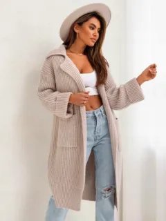 Mid-length Padded Lapel Pocket Loose Knitted Cardigan Sweater - Lotus Root Colour-S - View 1