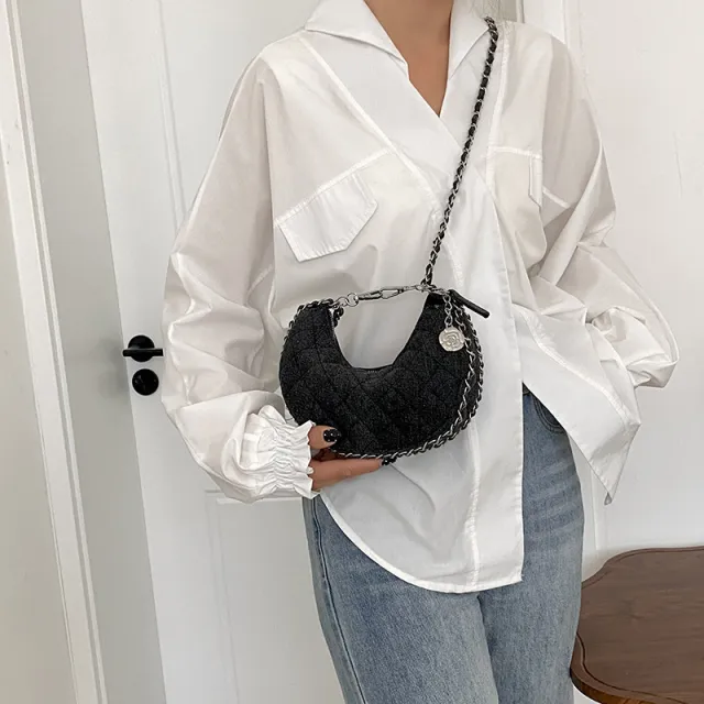 Denim Bag Female Diamond Embroidery Thread Chain Messenger Bag Black - Shop at LoveMi