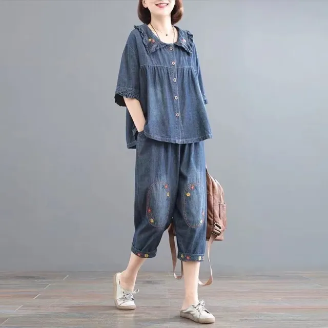 Fat Women's Clothing Plump Girls Flab Hiding Embroidery Loose Two piece Suit Picture Color Suit - Shop at LoveMi