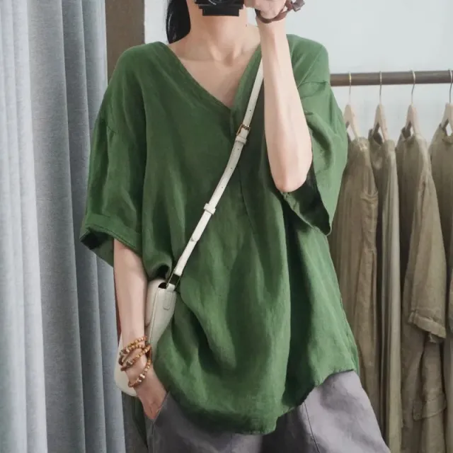 Half sleeved Casual Loose fitting Plus Size V neck Top T shirt With Short Sleeves Green - Shop at LoveMi