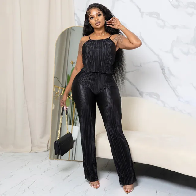 Summer New Pleated Solid Color Sling Top Wide Leg Trousers Casual Suit Black - Shop at LoveMi