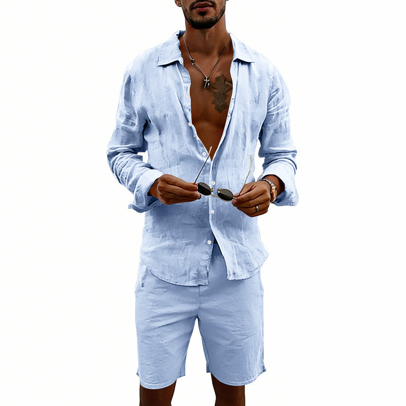 Men's Linen Casual Loose-Fit Long-Sleeve Shirt And Shorts Set