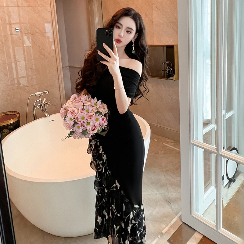 Off-neck Tight Waist Irregular Pattern Print Fishtail Dress