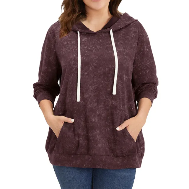 Plus Size Women's Hooded Pullover Loose Printed Long sleeved Dye Top Purple - Shop at LoveMi