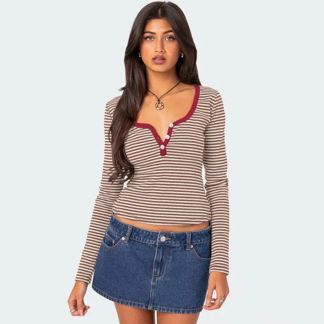 Contrast Color Striped Sweater Women's Button Slim T shirt Rust Red - Shop at LoveMi
