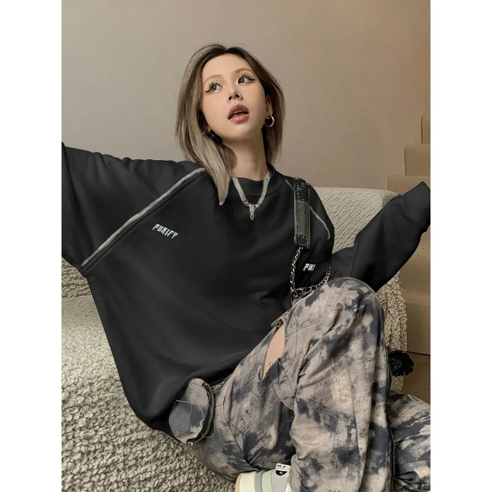 Women's National Fashion Spring American Retro Design Niche Loose Top Without Hood - Black Regular