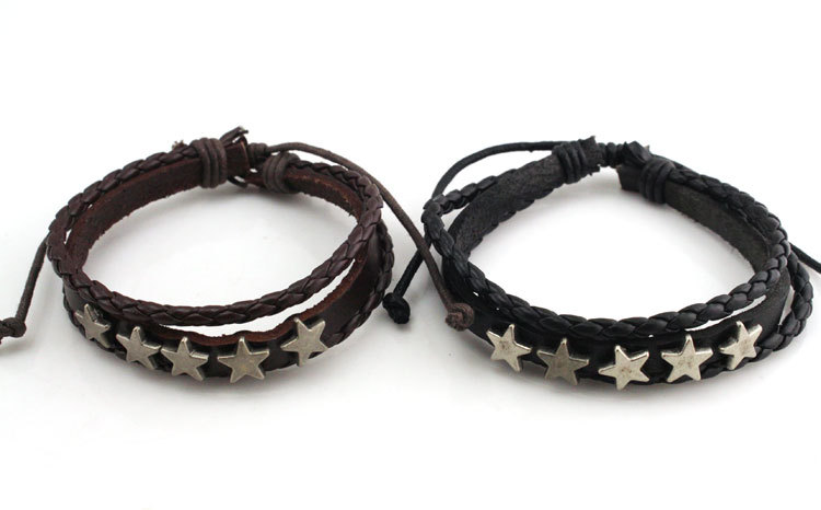 Men's Leather Retro Easy Matching Woven Telescopic Five-pointed Star Bracelet