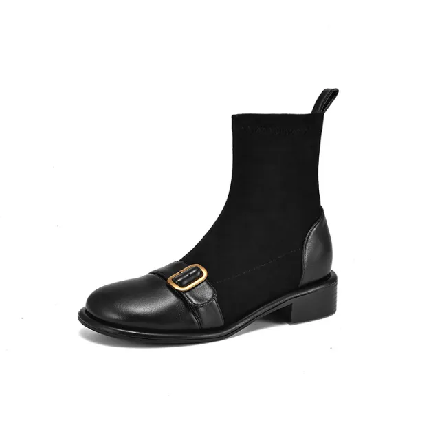 Casual Low Heel Martin Boots Belt Buckle Stitching Short Boots Black - Shop at LoveMi
