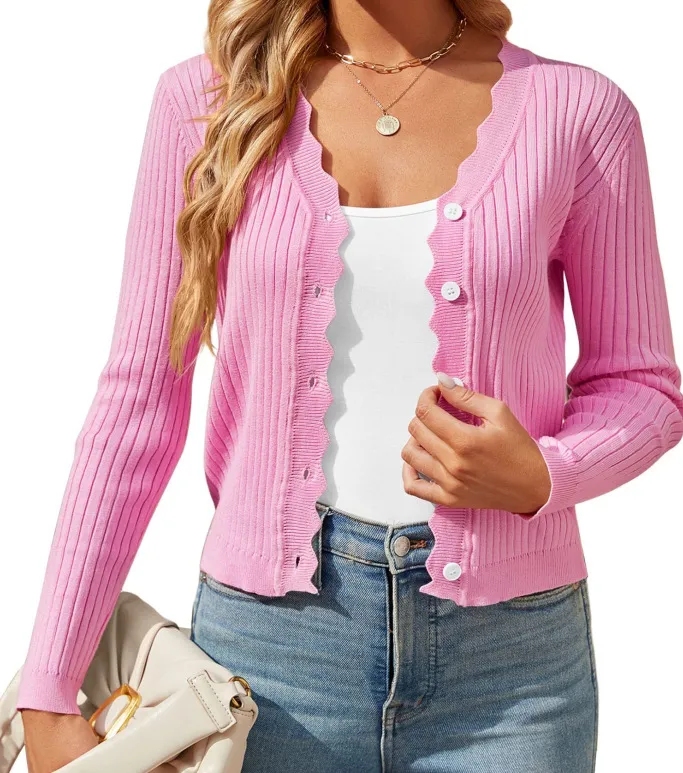 Early Autumn New Women's Knitted Cardigan Top - 2266 Flower Pink