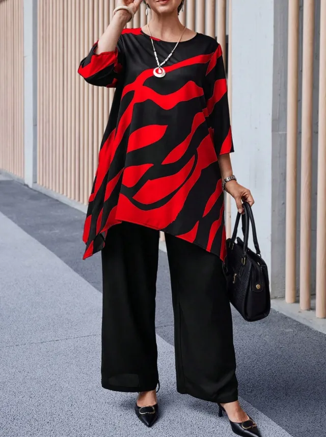 Summer Women's Plus size Casual Straight leg Pants Sets Red - Shop at LoveMi