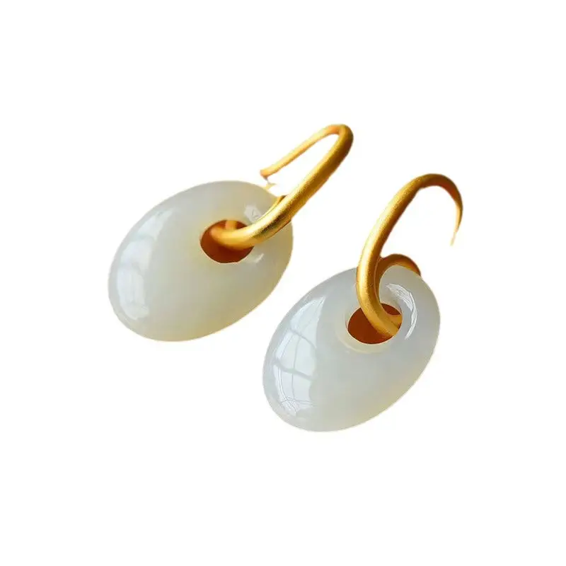 Hetian Peace Buckle Oval Earrings Chinese Style