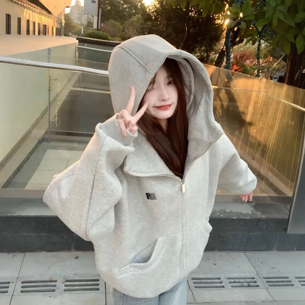 Printed Hoodie Women's Loose Casual Couple Jacket - Gray
