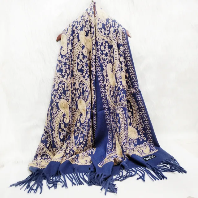 Cashmere Gold Cashew Scarf Embroidered Ethnic Style Navy Blue - Shop at LoveMi