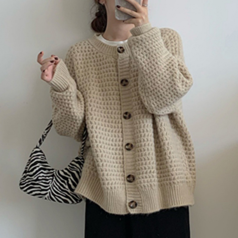 Pineapple Pattern Loose Single-breasted Sweater Coat For Women
