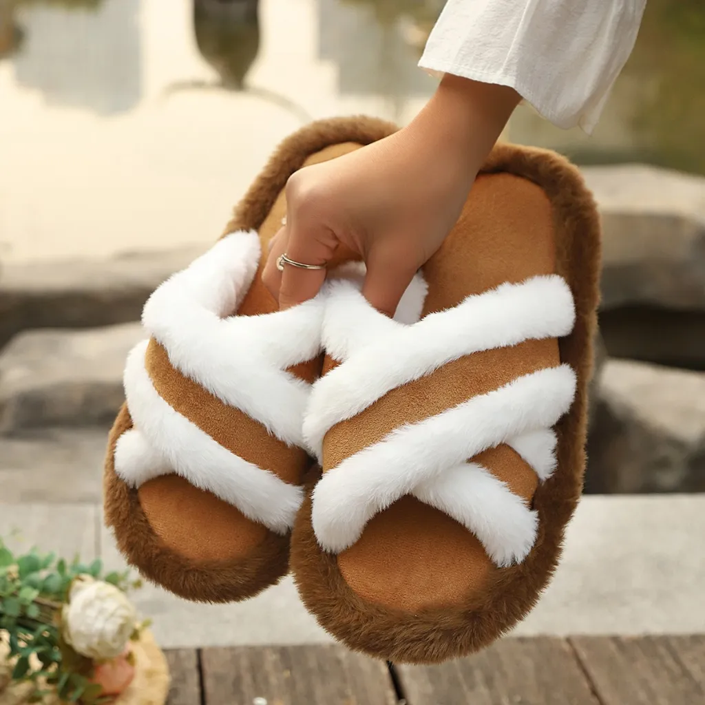 Fluffy Slippers Cross Strap Stitching Warm Casual Platform Slippers - Brown