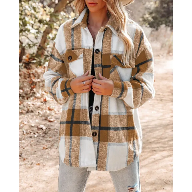 Cashmere Long Sleeve Plaid Top Loose Casual Women Khaki - Shop at LoveMi