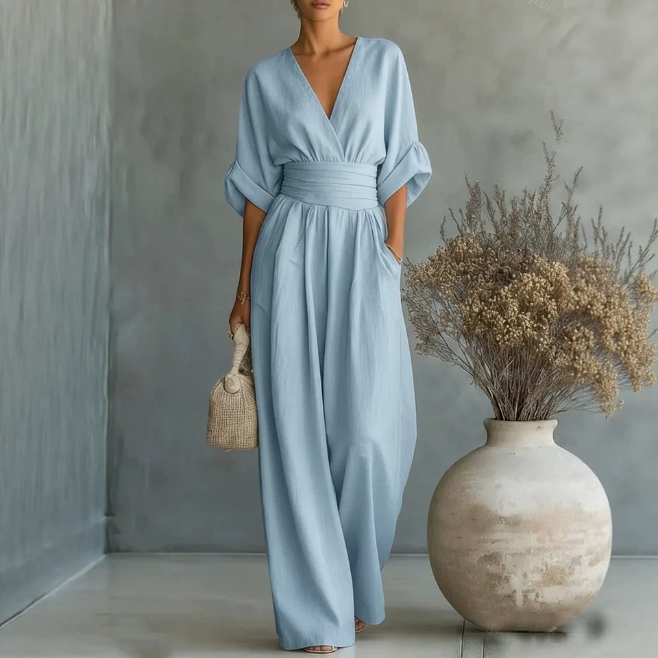 Elegant Waist-cinching V-neck Womens Jumpsuit