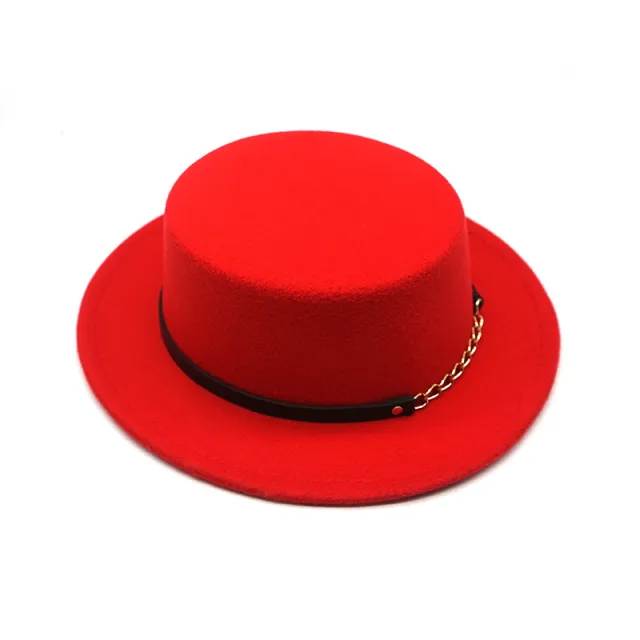 Men's And Women's Retro British Style Chain Solid Color Flat Top Hat Red - Shop at LoveMi
