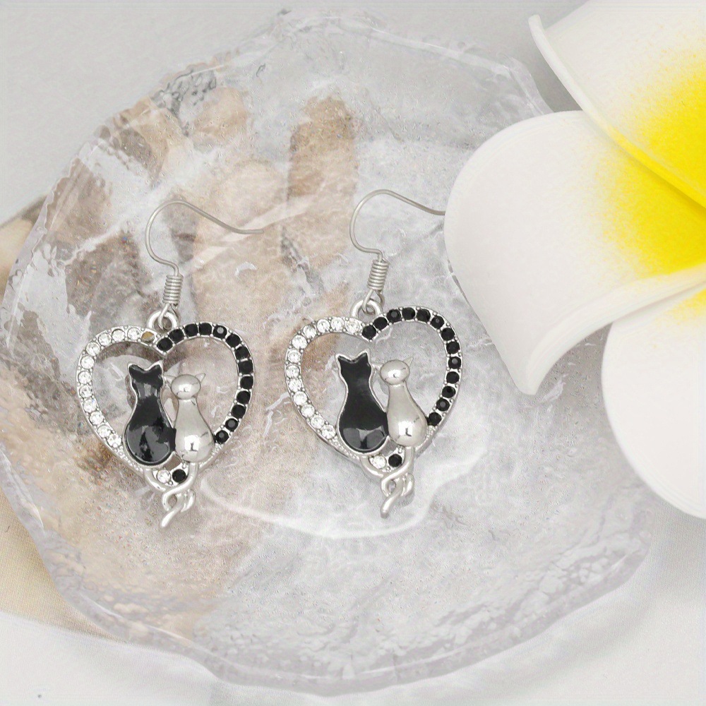 Black Dripping Kitten Love Heart Earrings