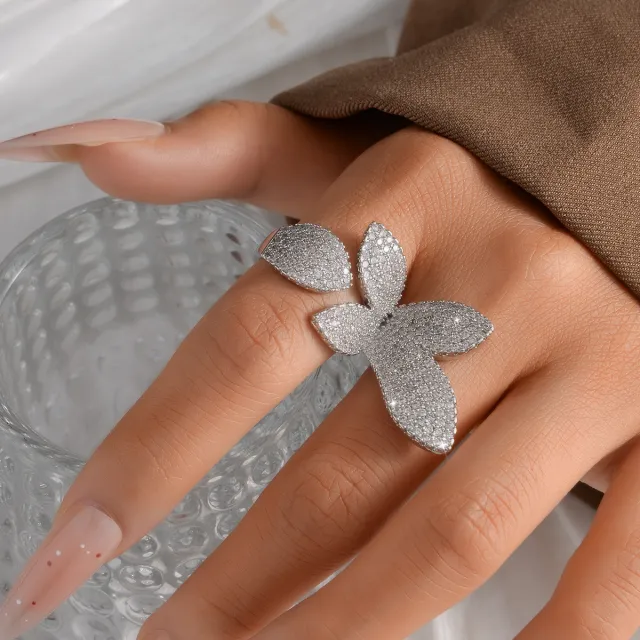 Light Luxury Butterfly Open Ring Women's Leaf Niche Finger Ring Jewelry White Gold Color - Shop at LoveMi