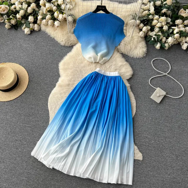 Stretch Short sleeved Top High Waist Pleated Skirt Two piece Set Pattern 19 - Shop at LoveMi