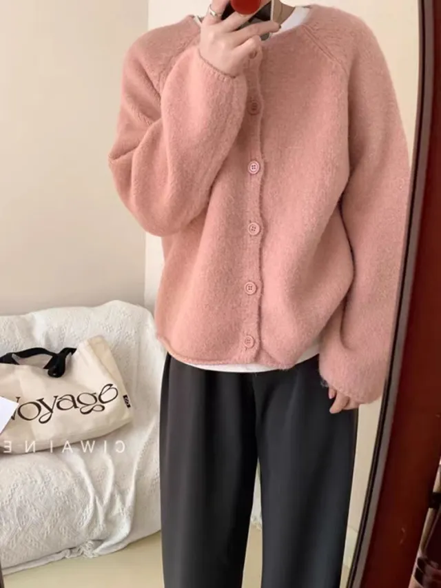Candy Color Round Neck Soft Glutinous Top Korean Casual Loose Raglan Sleeve Knitted Cardigan Pink - Shop at LoveMi