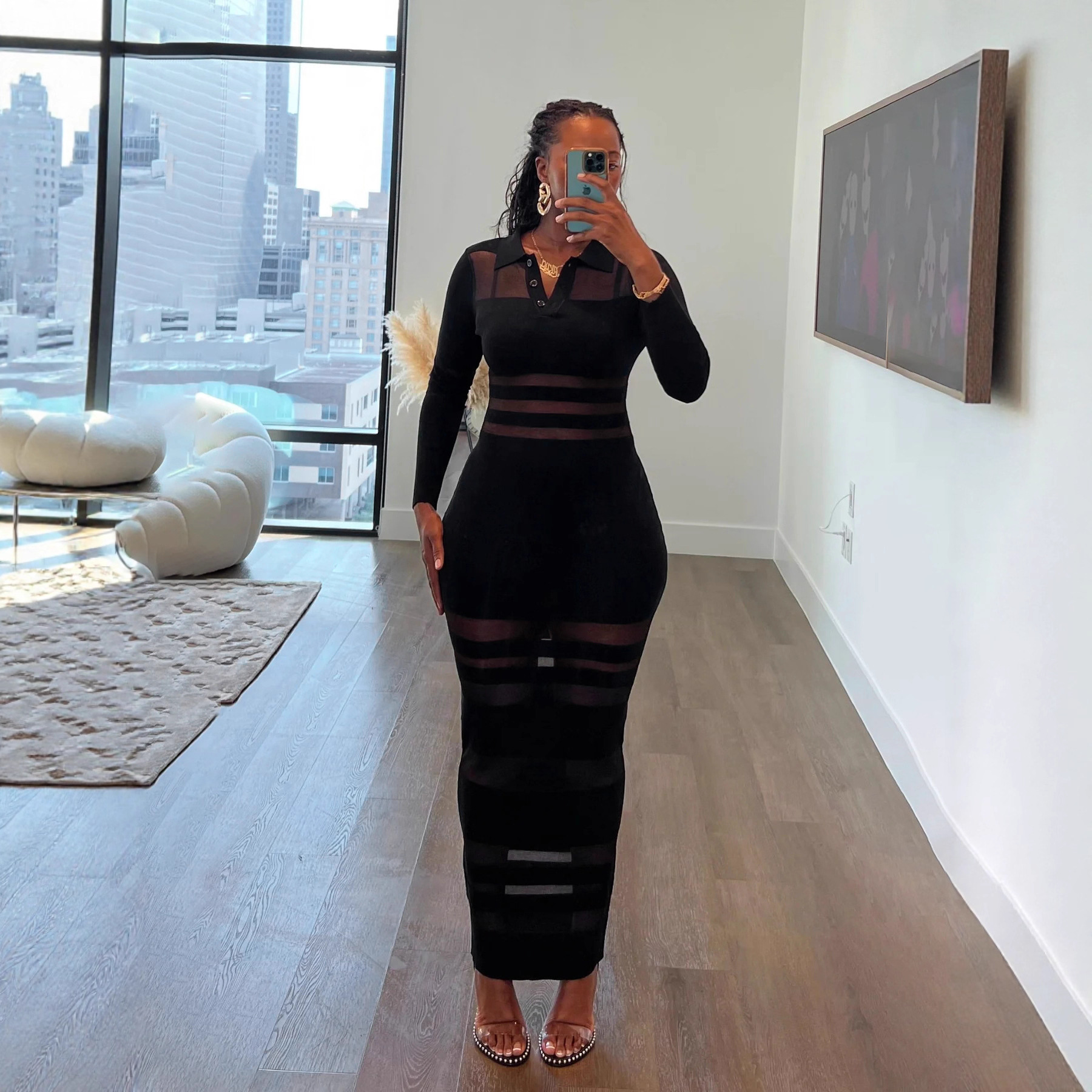 Mesh-Panel Autumn Winter Slim-Fit Sheath Dress With Defined Waist For A Slimmer Look