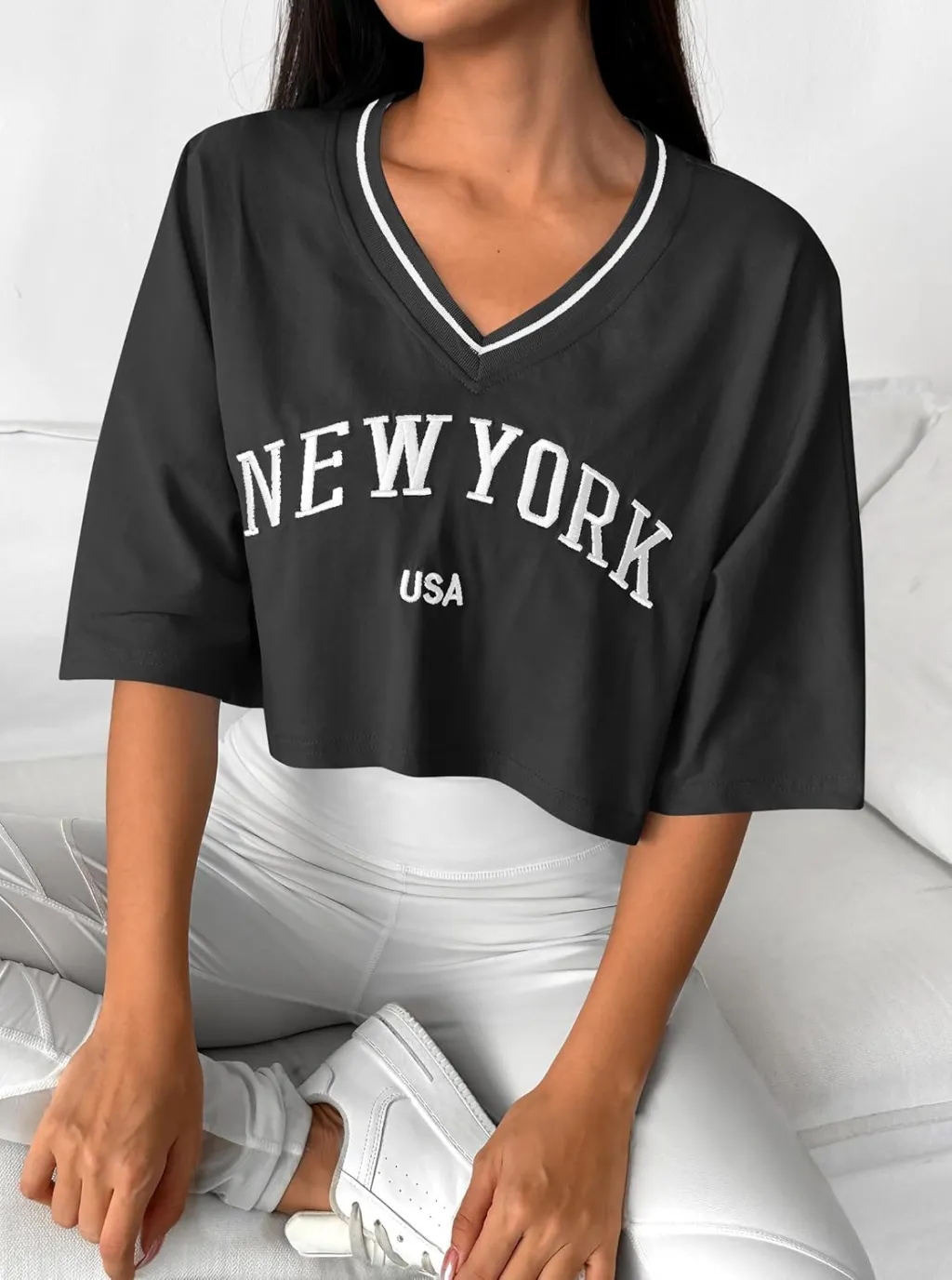 Letter-printed Cropped Base-layer Top For Women - Grey
